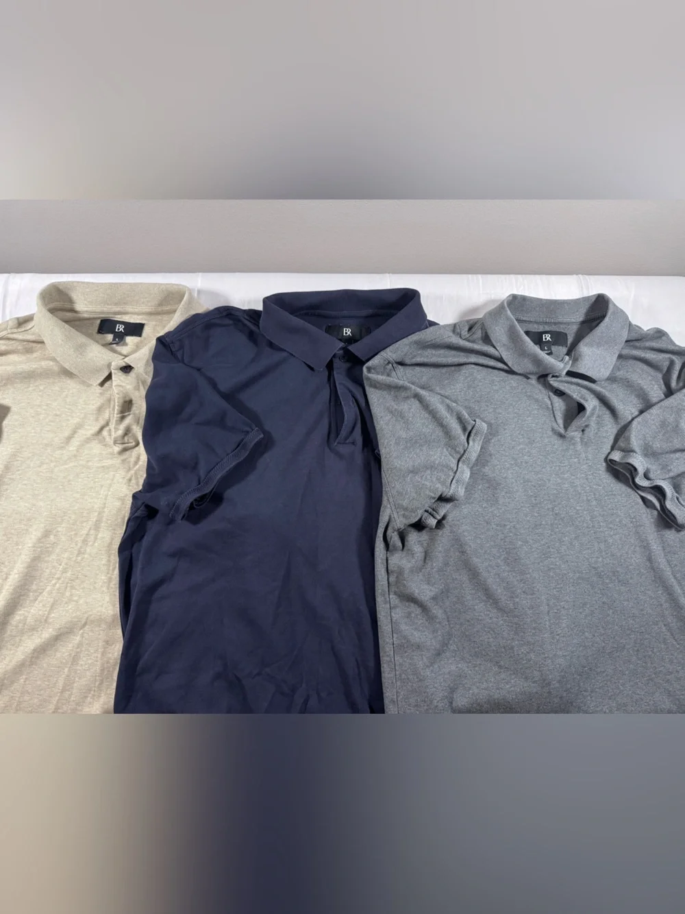 Banana Republic Mainline Men’s Polo Trio — Navy, Gray, Sand